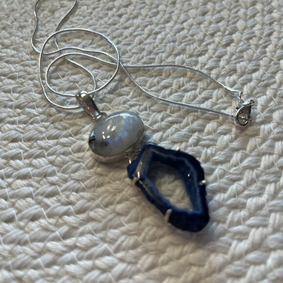 Beautiful AGATE GEODE SLICE & RAINBOW MOONSTONE Handmade Sterling 925 Pendant - Picture 1 of 3